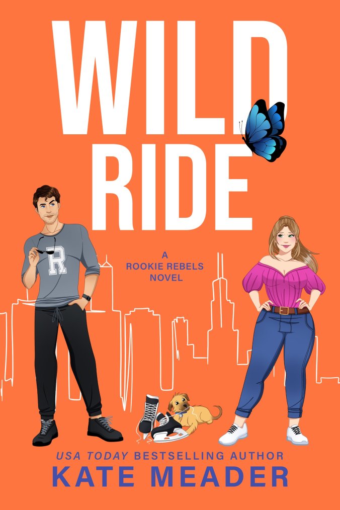 Orange cover, Chicago skyline, handsome hockey player in t-shirt and sweats holding sunglasses; cute puppy chewing on skate laces; curvy woman with pink top and jeans, hands on hips; morpho butterfly on E of title.